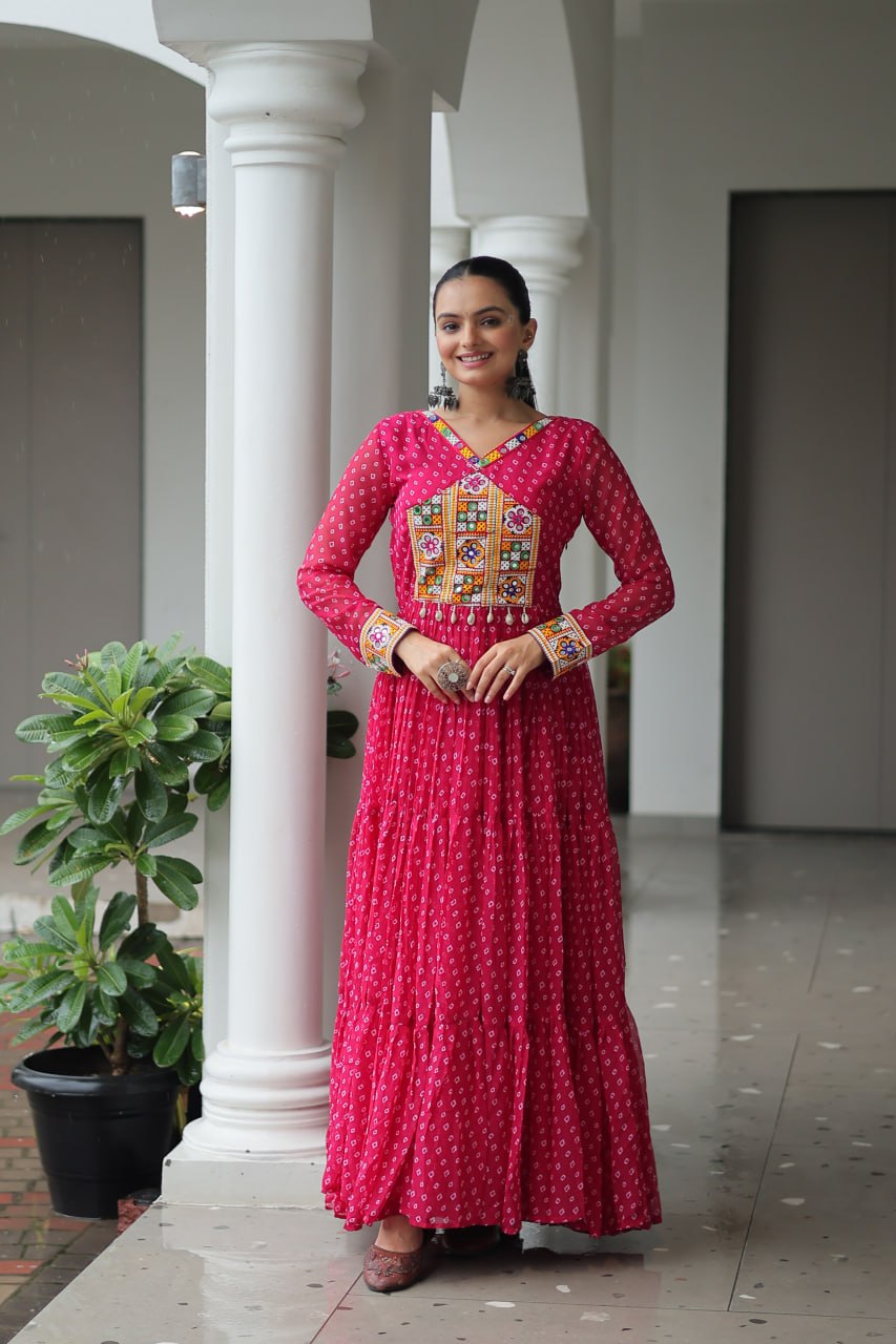 Pink Bandhani Print Work With Kutchi Patchework Navratri Gown