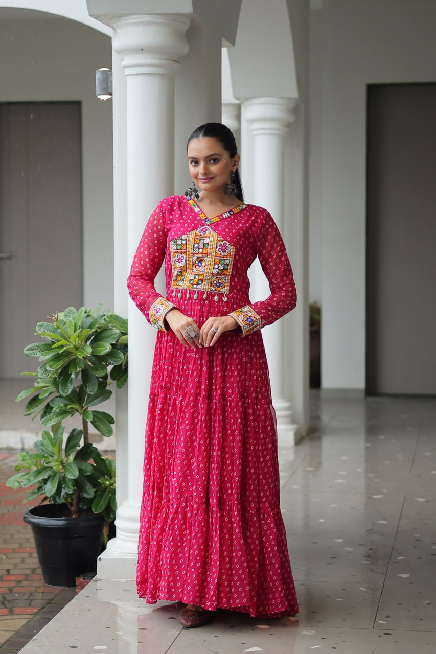 Pink Bandhani Print Work With Kutchi Patchework Navratri Gown