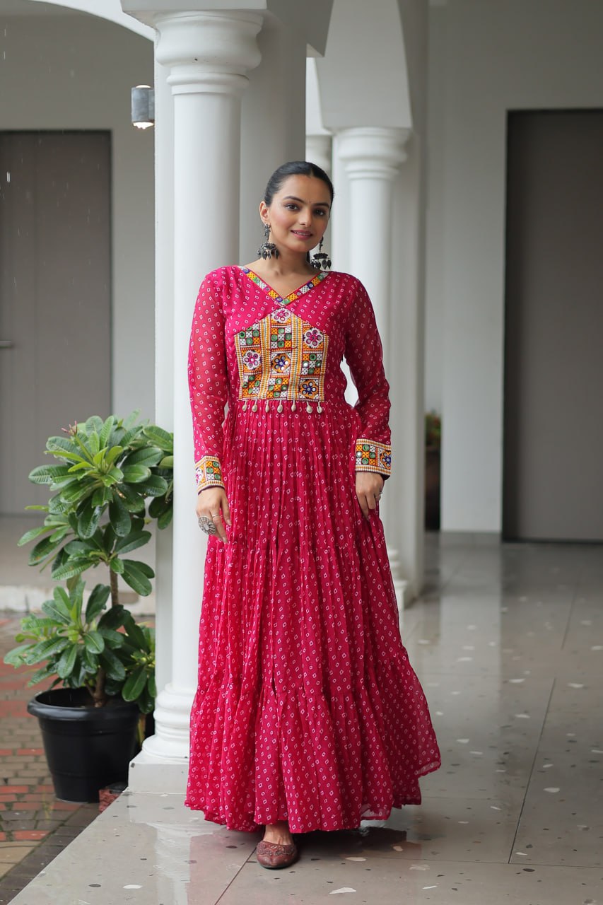Pink Bandhani Print Work With Kutchi Patchework Navratri Gown