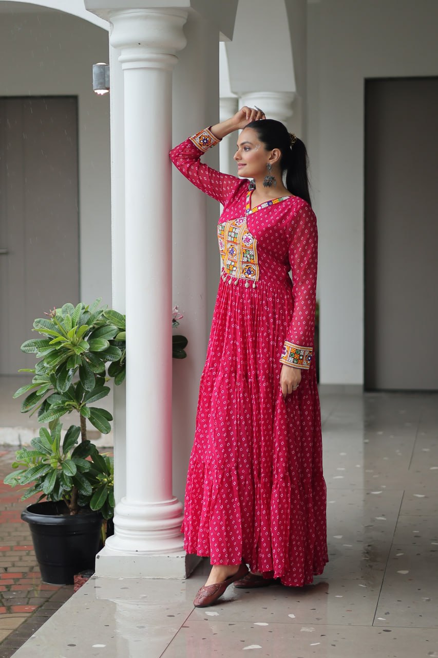 Pink Bandhani Print Work With Kutchi Patchework Navratri Gown