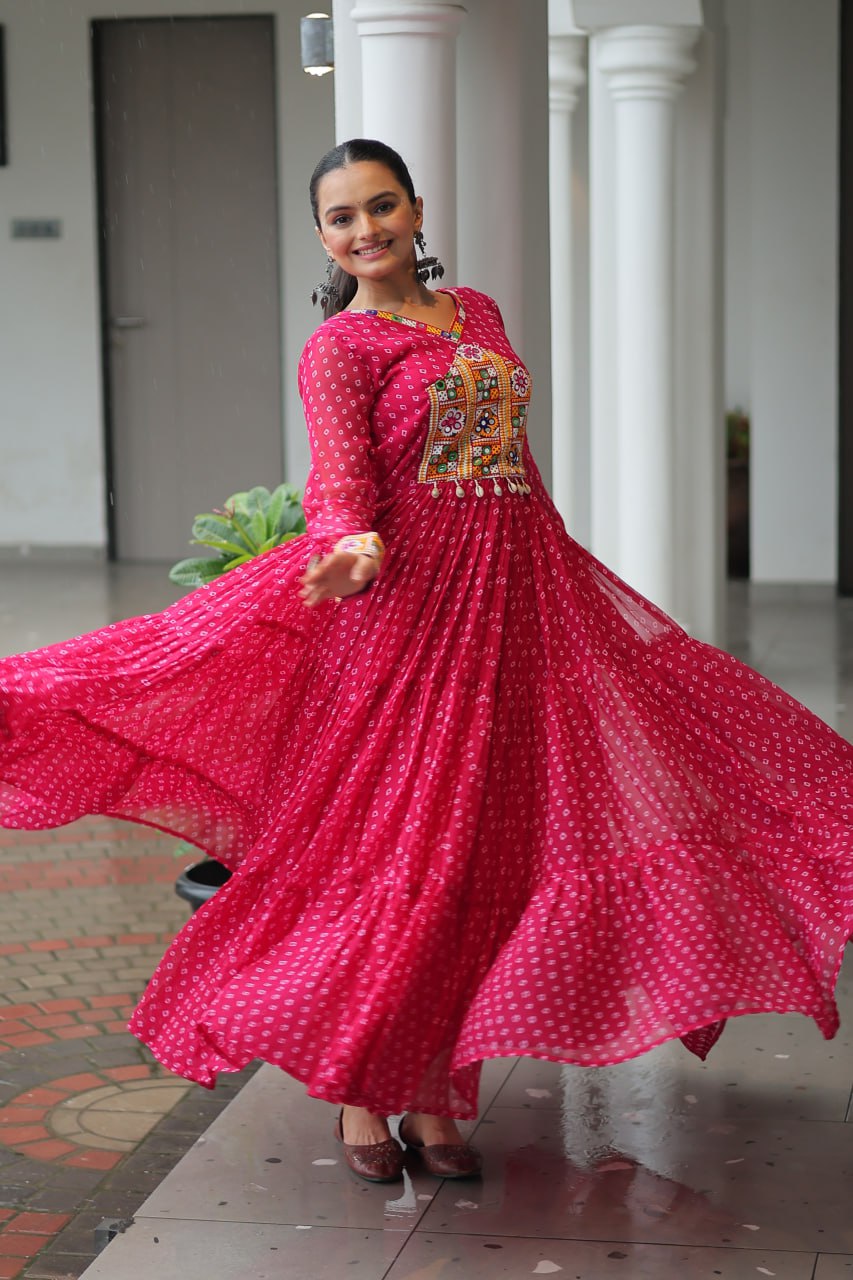 Pink Bandhani Print Work With Kutchi Patchework Navratri Gown