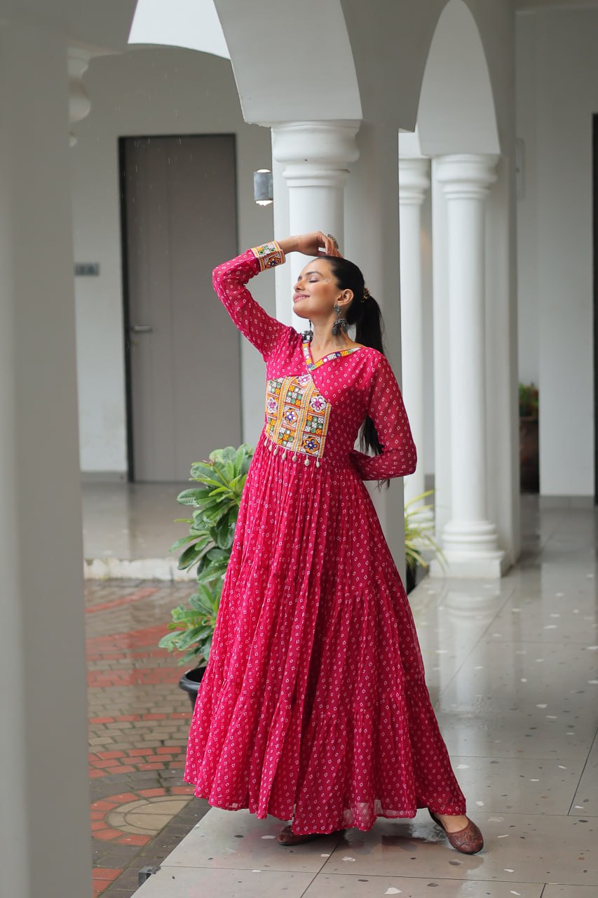 Pink Bandhani Print Work With Kutchi Patchework Navratri Gown
