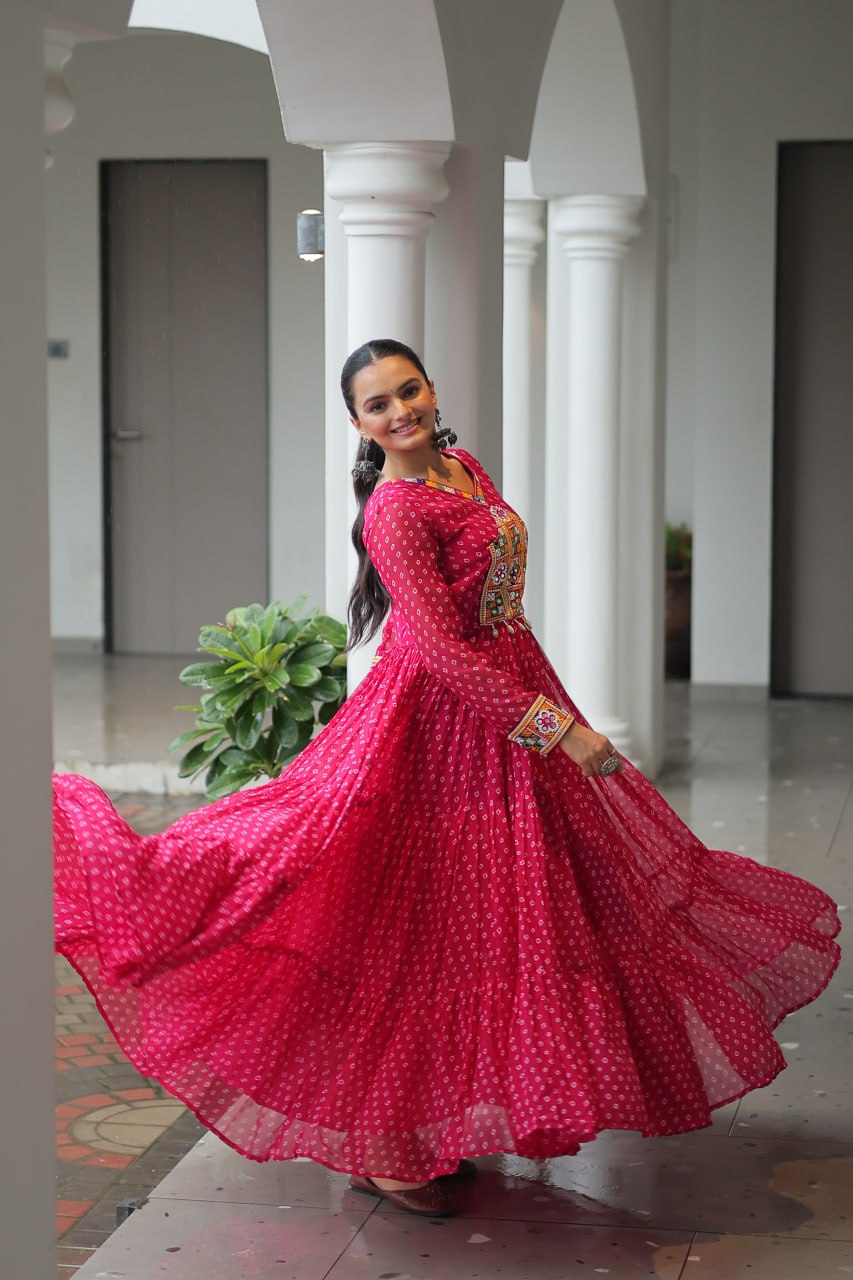 Pink Bandhani Print Work With Kutchi Patchework Navratri Gown