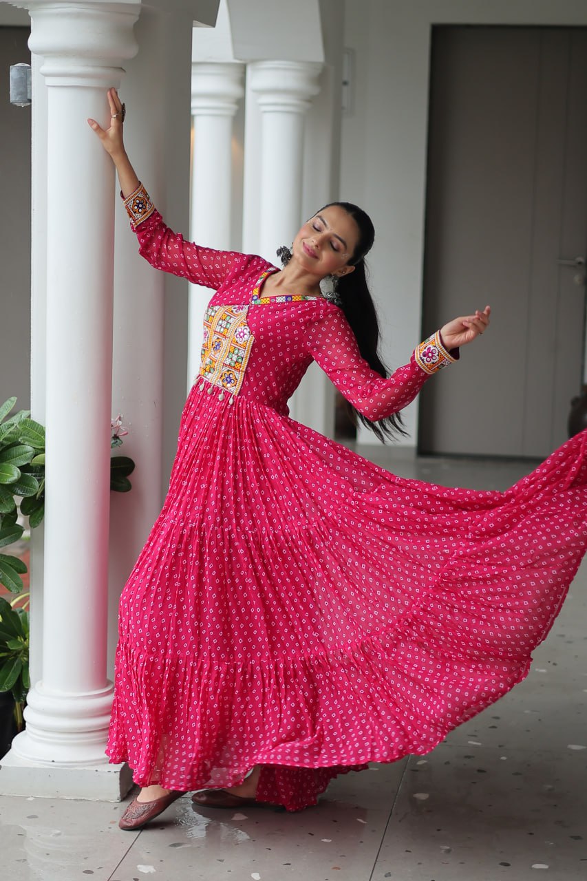 Pink Bandhani Print Work With Kutchi Patchework Navratri Gown