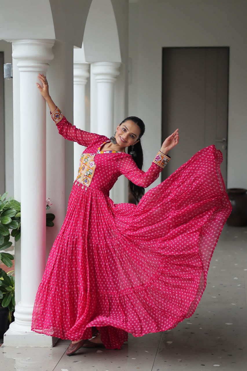 Pink Bandhani Print Work With Kutchi Patchework Navratri Gown