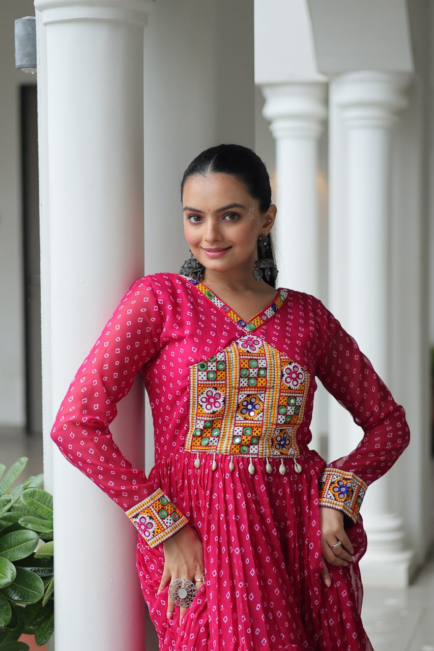 Pink Bandhani Print Work With Kutchi Patchework Navratri Gown