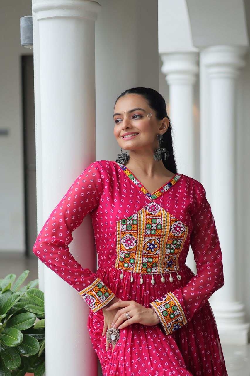 Pink Bandhani Print Work With Kutchi Patchework Navratri Gown