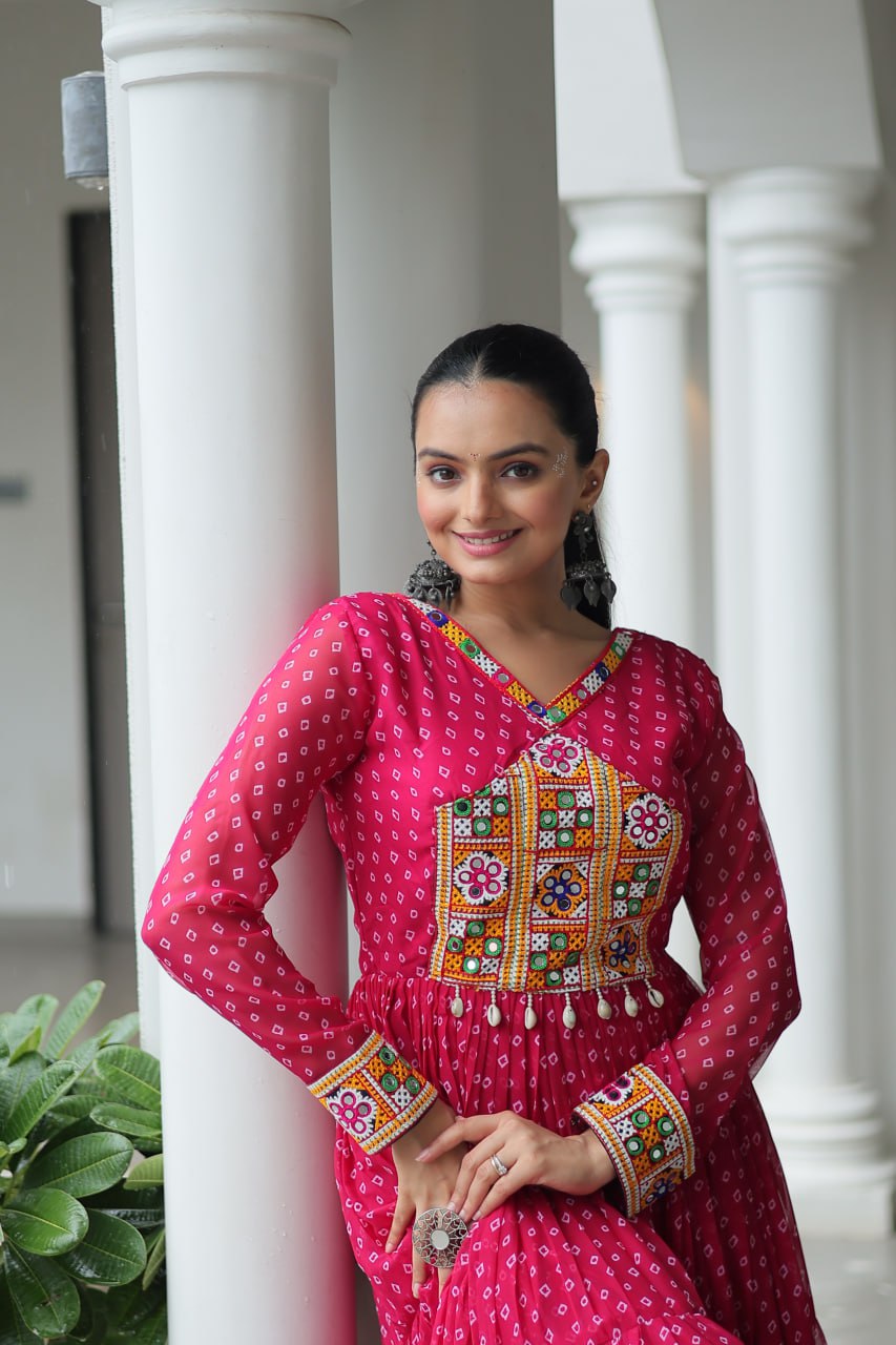 Pink Bandhani Print Work With Kutchi Patchework Navratri Gown