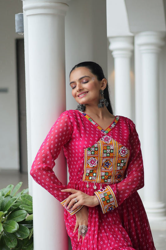 Pink Bandhani Print Work With Kutchi Patchework Navratri Gown