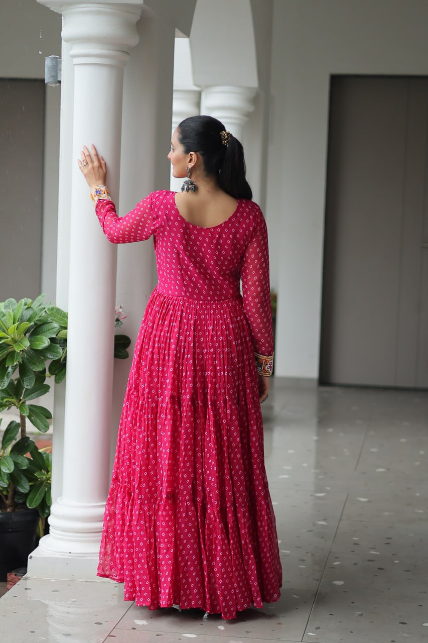 Pink Bandhani Print Work With Kutchi Patchework Navratri Gown