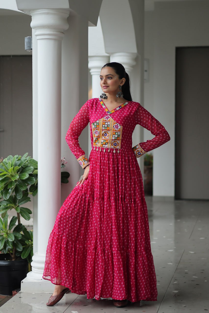 Pink Bandhani Print Work With Kutchi Patchework Navratri Gown