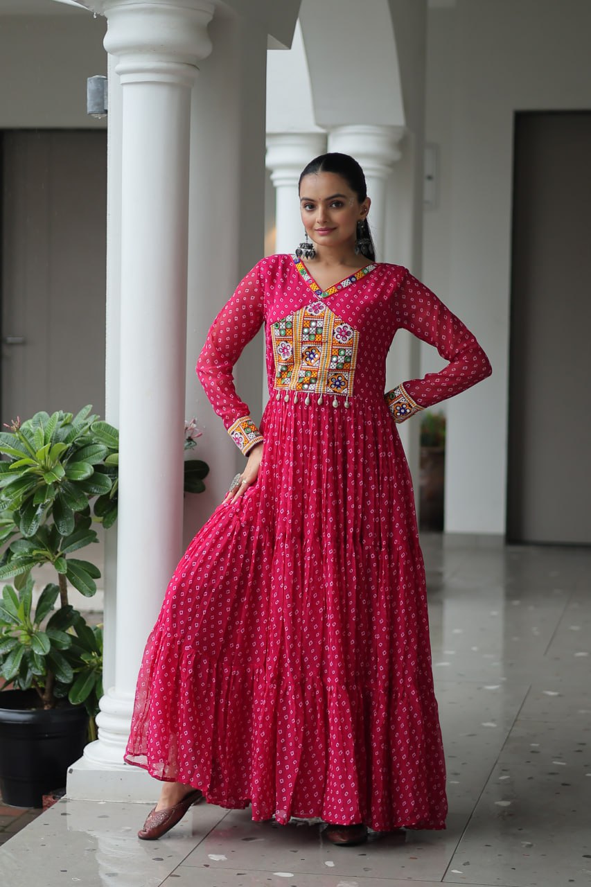 Pink Bandhani Print Work With Kutchi Patchework Navratri Gown