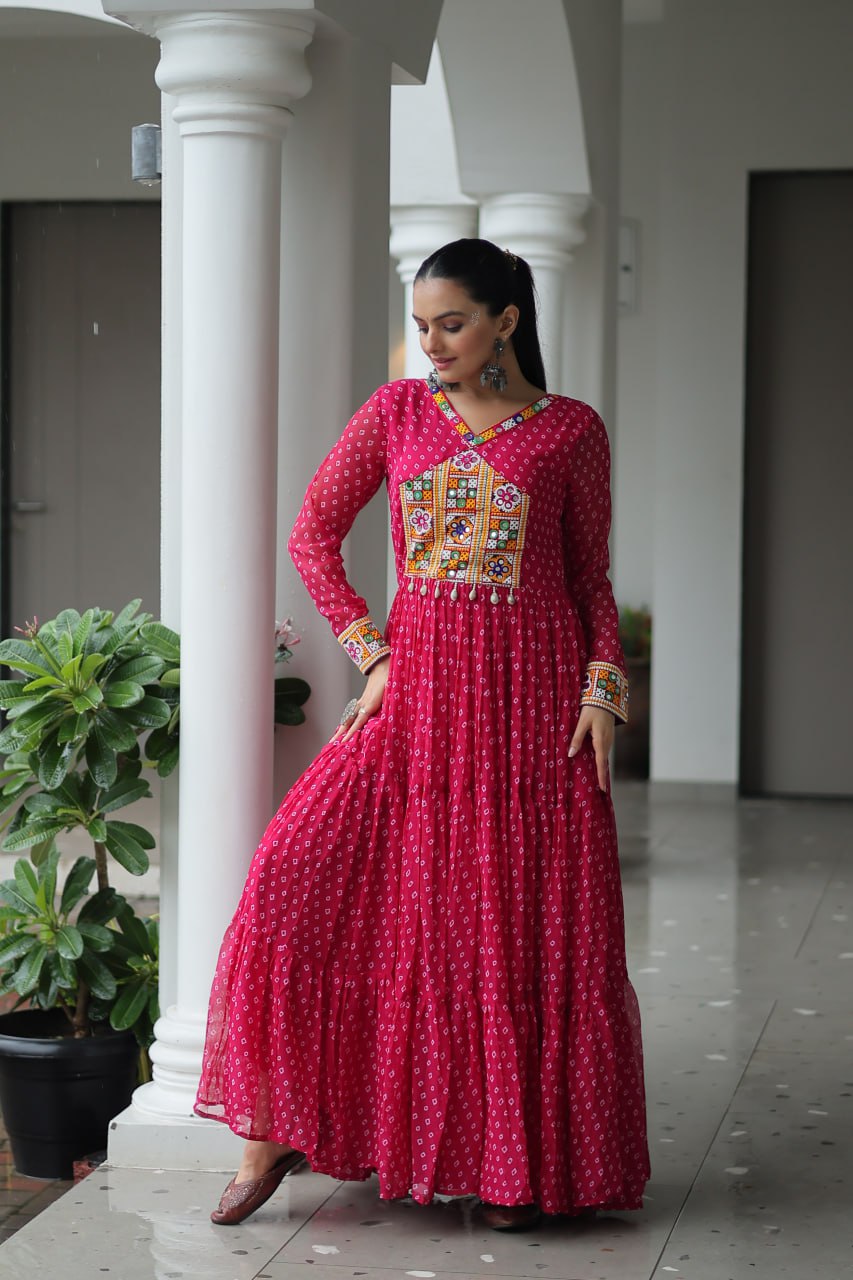 Pink Bandhani Print Work With Kutchi Patchework Navratri Gown