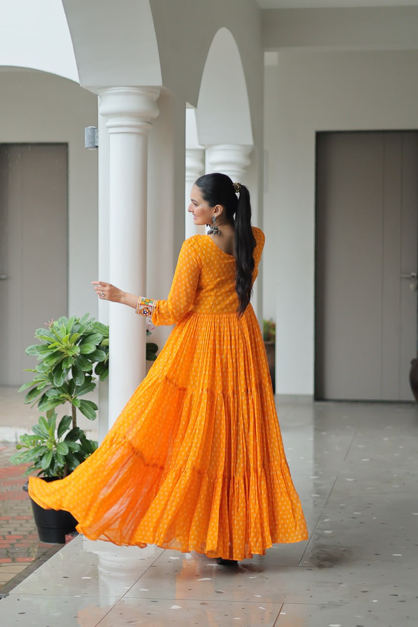 Yellow Bandhani Print Work With Kutchi Patchework Navratri Gown