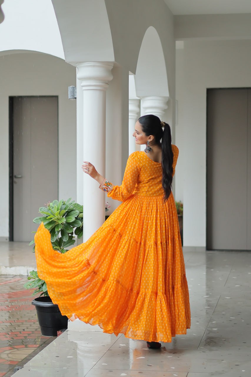 Yellow Bandhani Print Work With Kutchi Patchework Navratri Gown