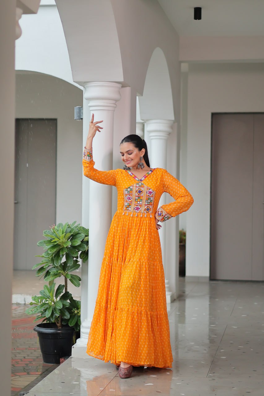 Yellow Bandhani Print Work With Kutchi Patchework Navratri Gown
