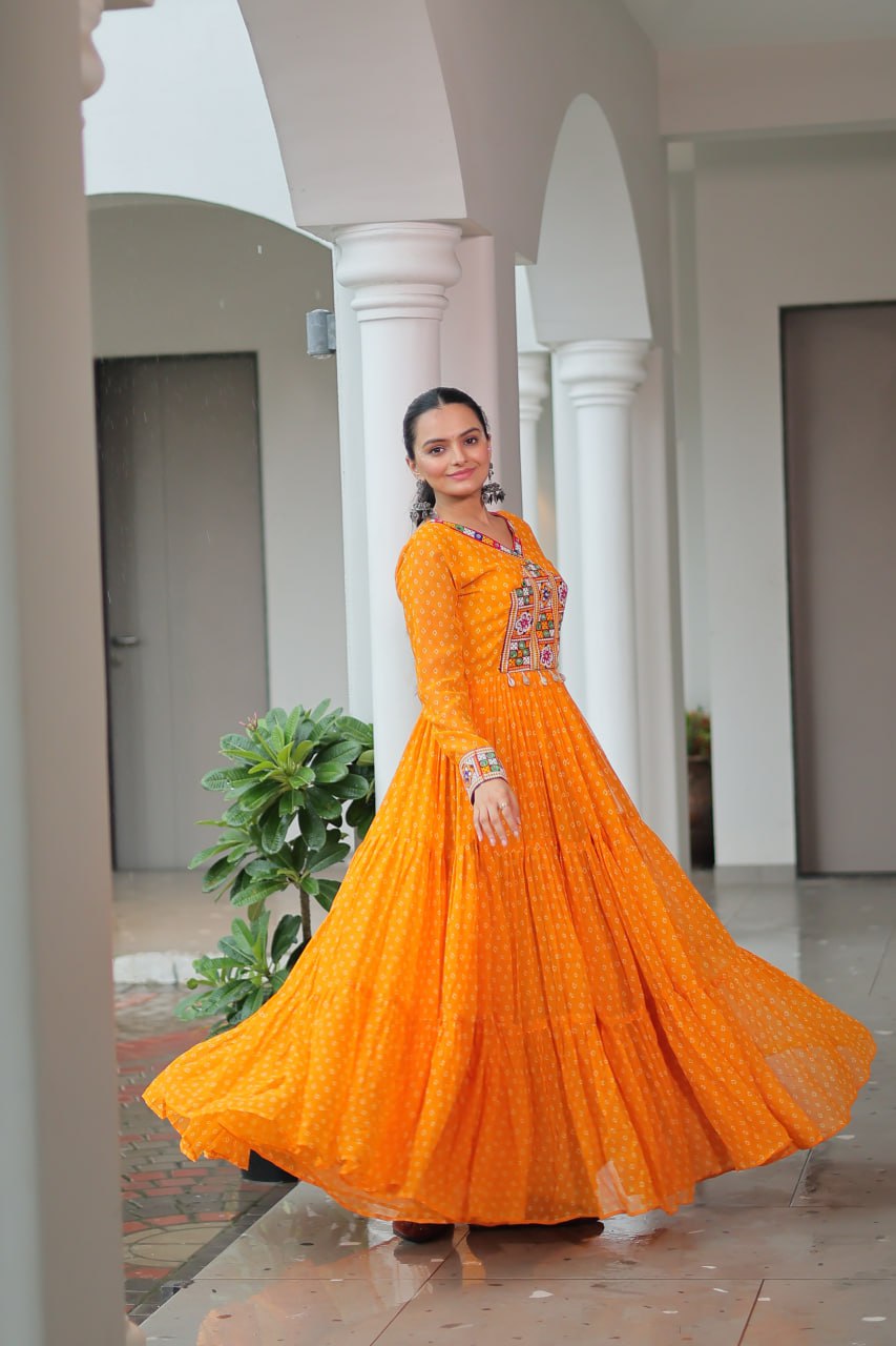 Yellow Bandhani Print Work With Kutchi Patchework Navratri Gown
