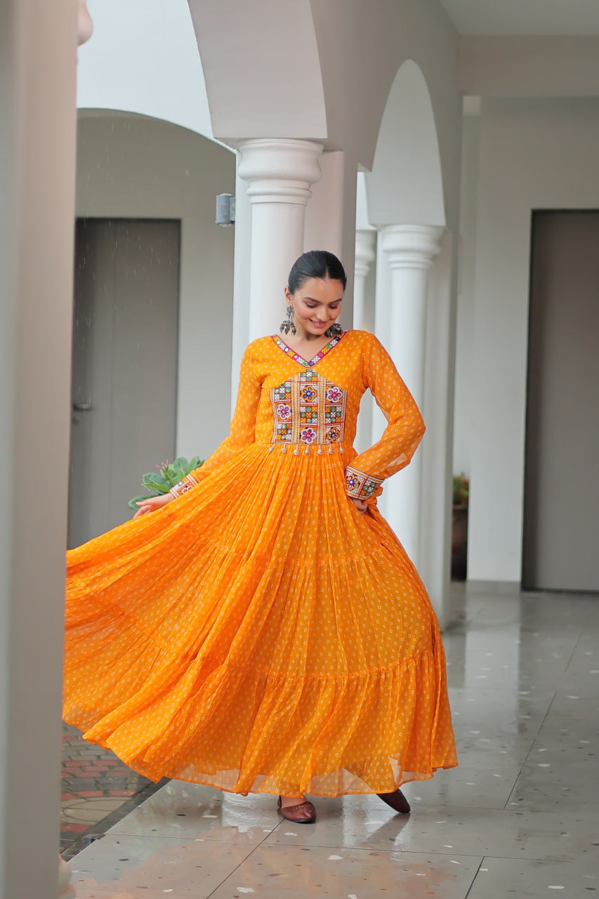 Yellow Bandhani Print Work With Kutchi Patchework Navratri Gown