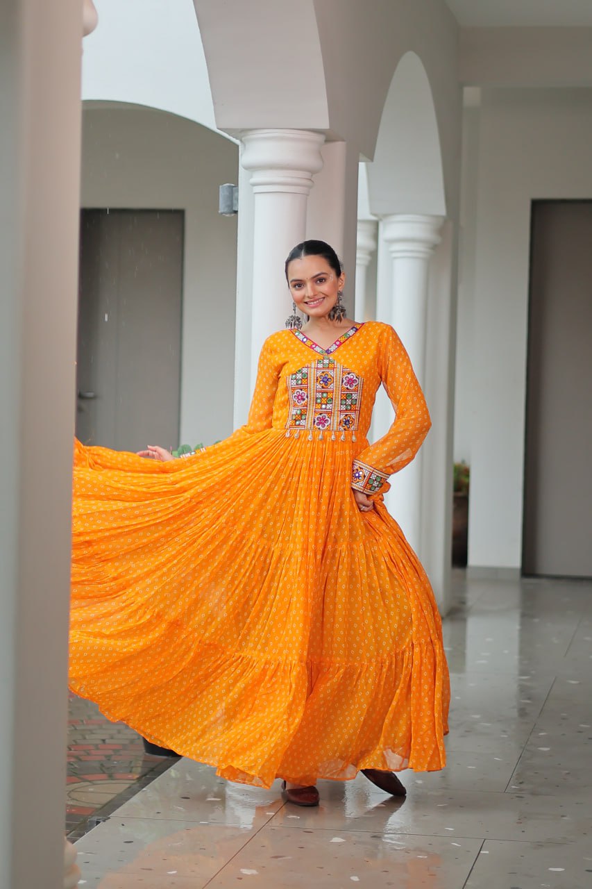 Yellow Bandhani Print Work With Kutchi Patchework Navratri Gown