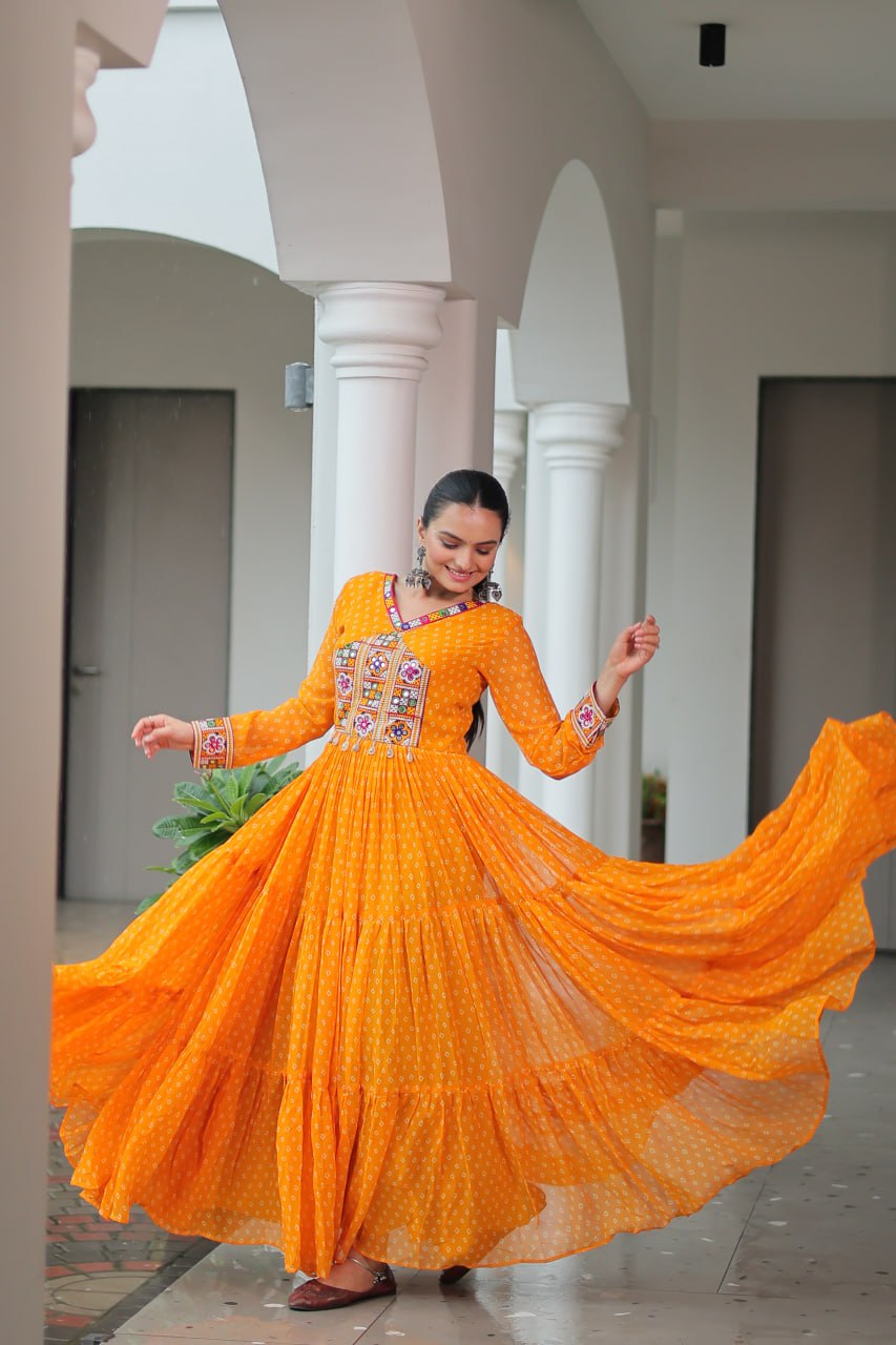 Yellow Bandhani Print Work With Kutchi Patchework Navratri Gown