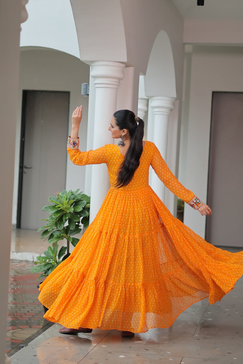 Yellow Bandhani Print Work With Kutchi Patchework Navratri Gown