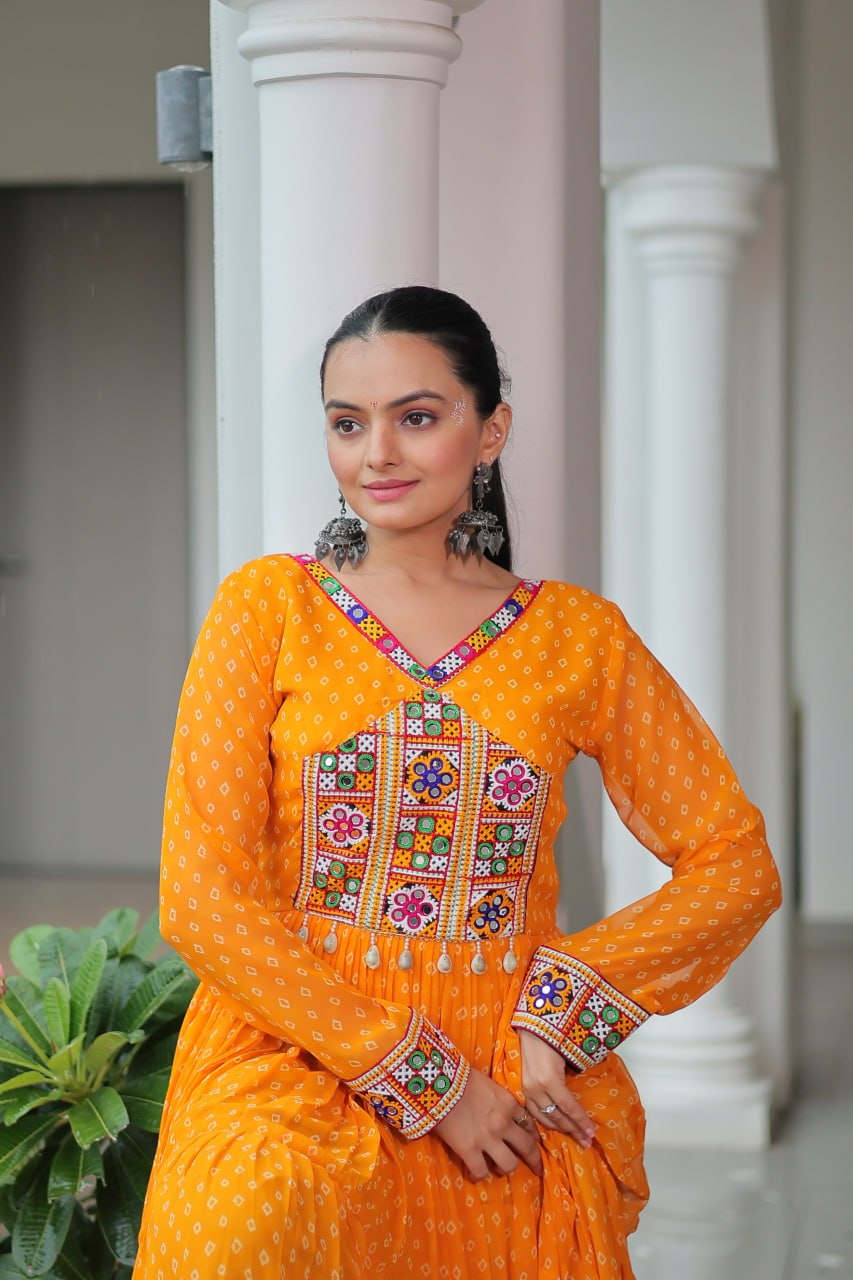 Yellow Bandhani Print Work With Kutchi Patchework Navratri Gown