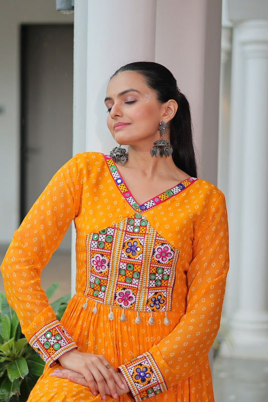 Yellow Bandhani Print Work With Kutchi Patchework Navratri Gown