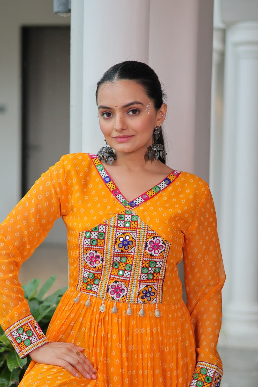 Yellow Bandhani Print Work With Kutchi Patchework Navratri Gown