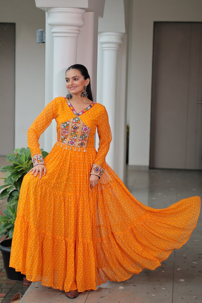 Yellow Bandhani Print Work With Kutchi Patchework Navratri Gown