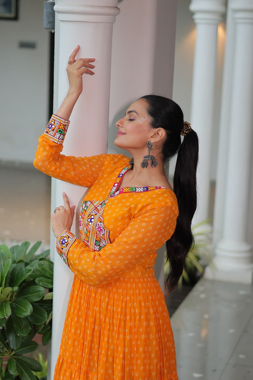 Yellow Bandhani Print Work With Kutchi Patchework Navratri Gown