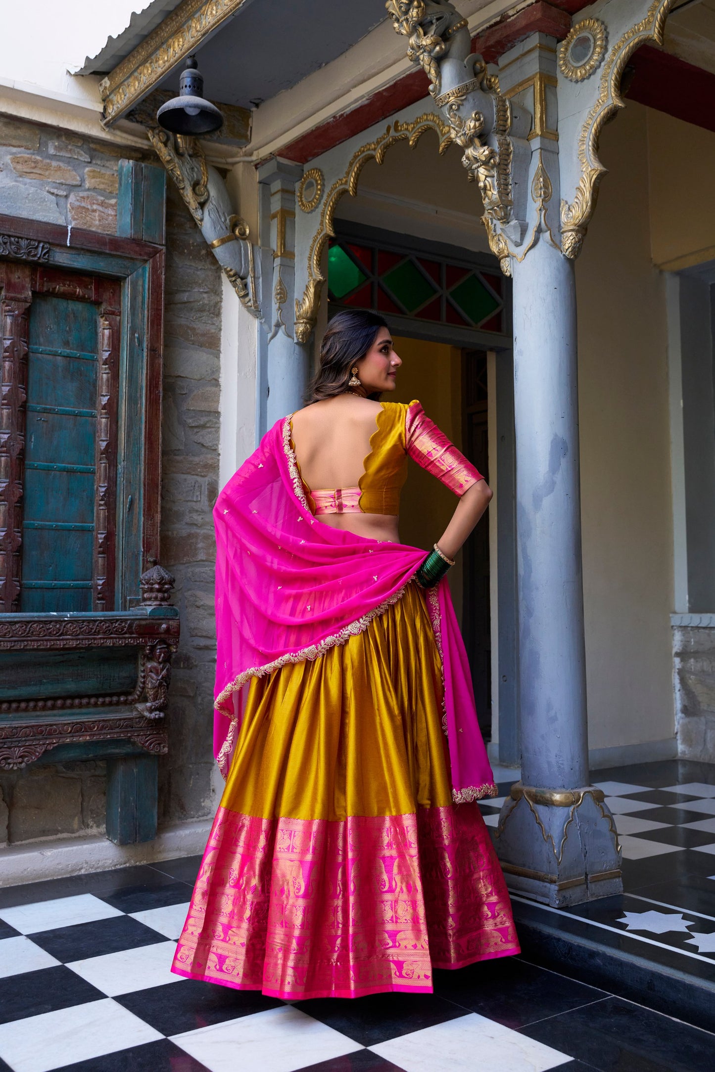 Musterd Narayan Pattu Zari Weaving Work South Indian Lehenga Choli