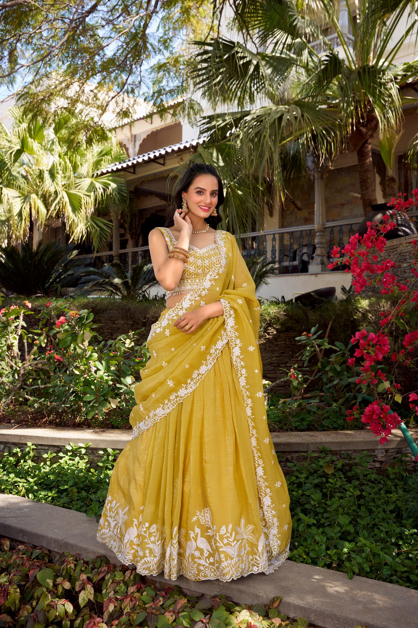 Yellow Gold Crush Sequins And Thread Embroidery Work Lehenga Choli