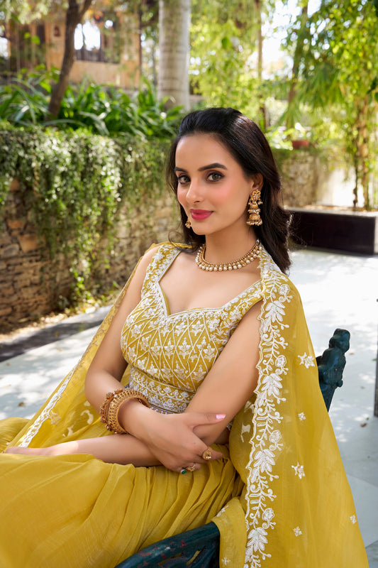 Yellow Gold Crush Sequins And Thread Embroidery Work Lehenga Choli