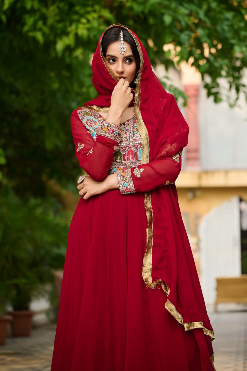 Maroon Faux Blooming With Sequins Multi Thread Embroidered Work Gown