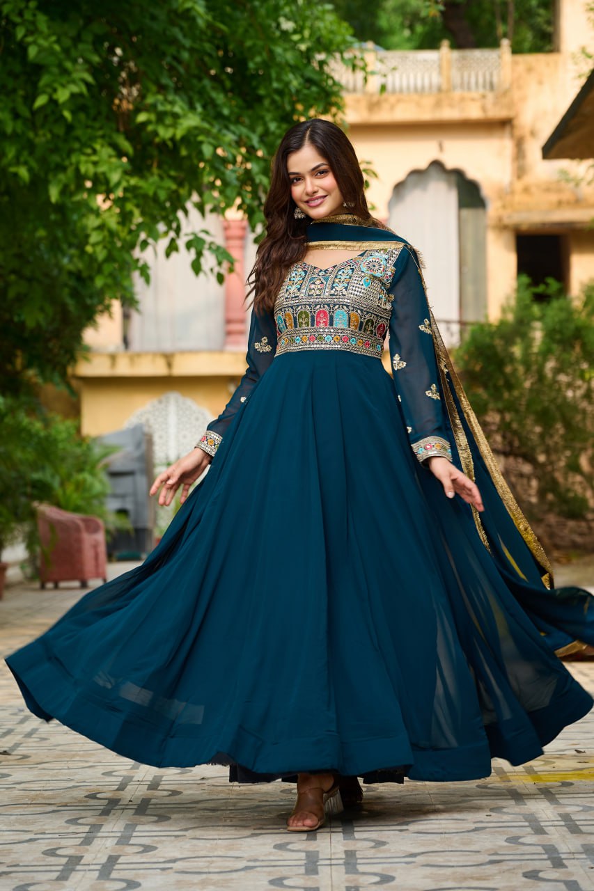 Rama Faux Blooming With Sequins Multi Thread Embroidered Work Gown