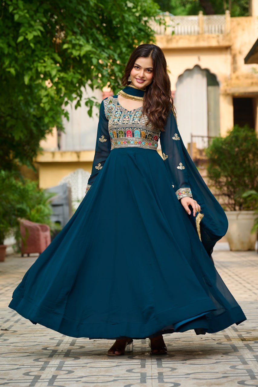 Rama Faux Blooming With Sequins Multi Thread Embroidered Work Gown