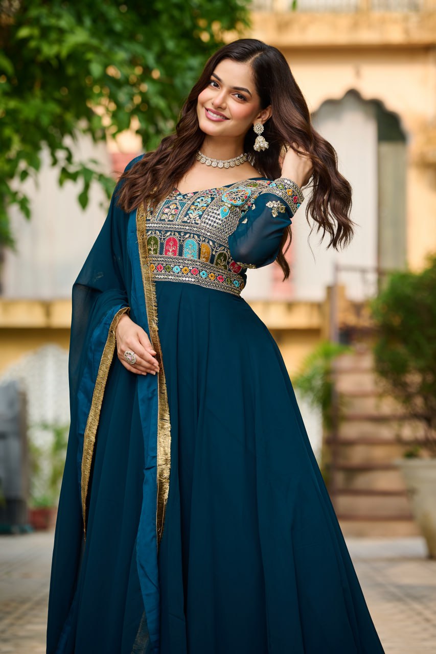 Rama Faux Blooming With Sequins Multi Thread Embroidered Work Gown