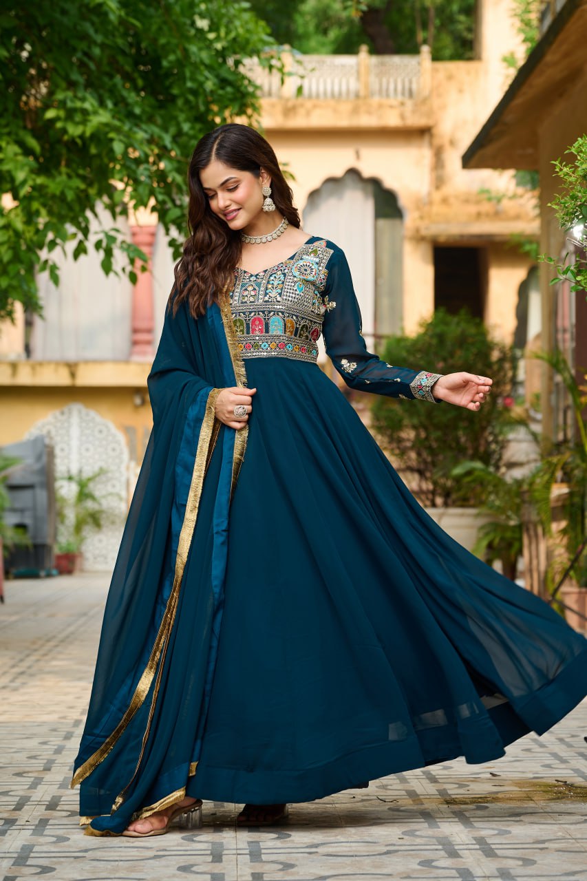 Rama Faux Blooming With Sequins Multi Thread Embroidered Work Gown