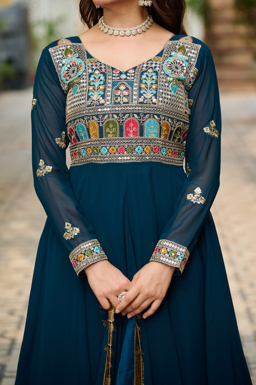 Rama Faux Blooming With Sequins Multi Thread Embroidered Work Gown