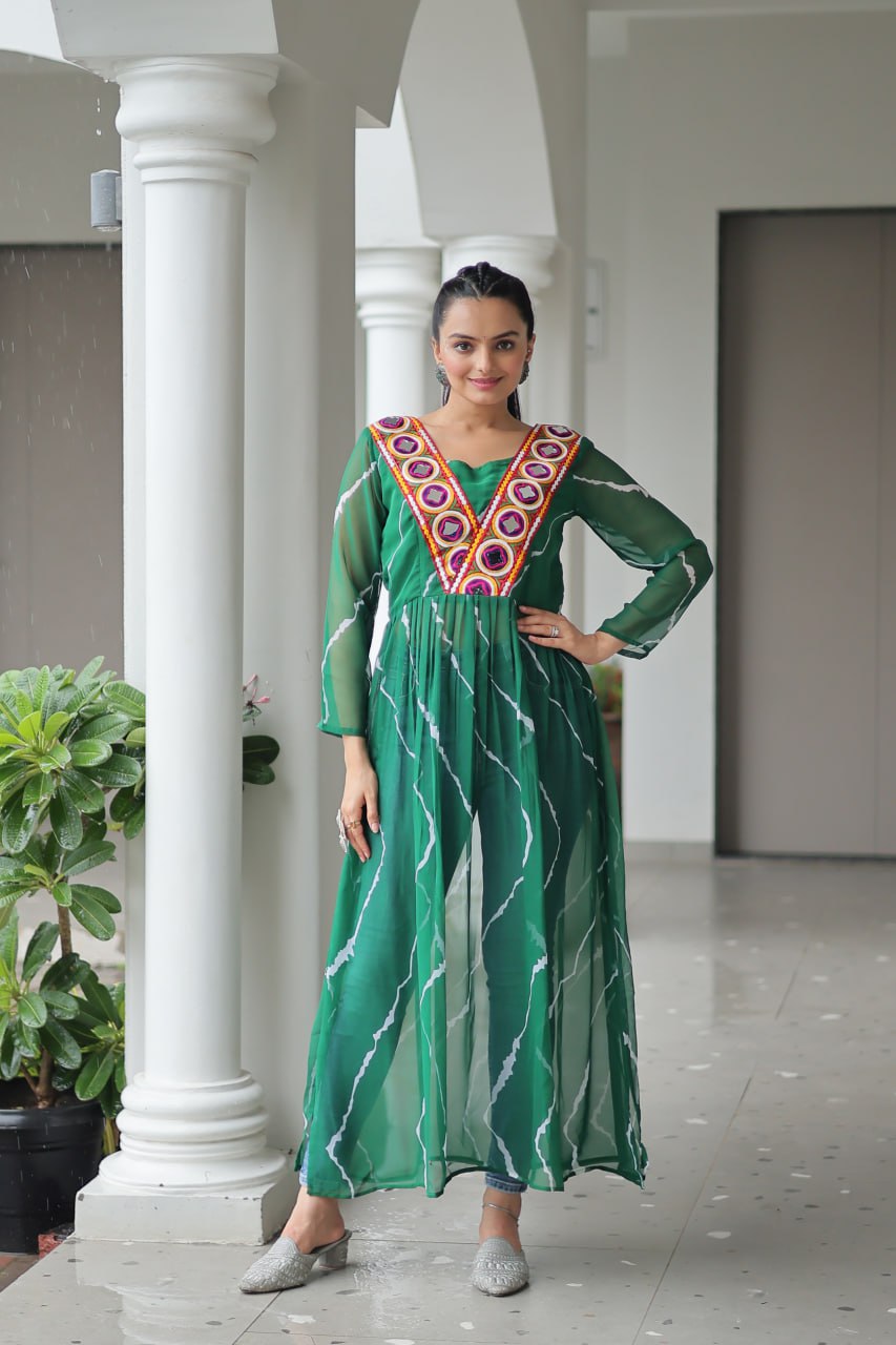 Green Leheriya Print Work With Kutchi Patchework Navratri Kurti