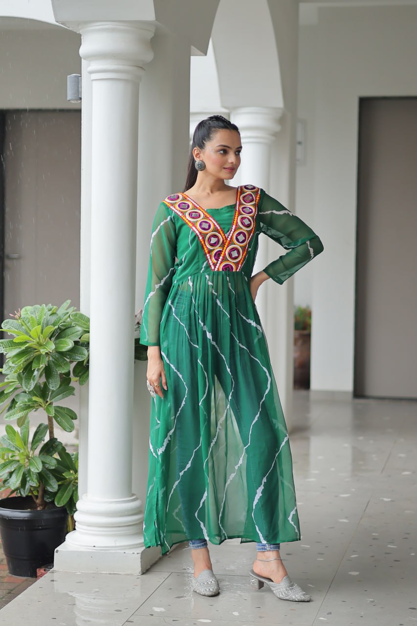 Green Leheriya Print Work With Kutchi Patchework Navratri Kurti
