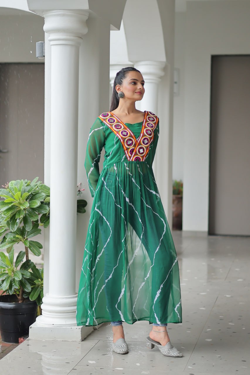 Green Leheriya Print Work With Kutchi Patchework Navratri Kurti
