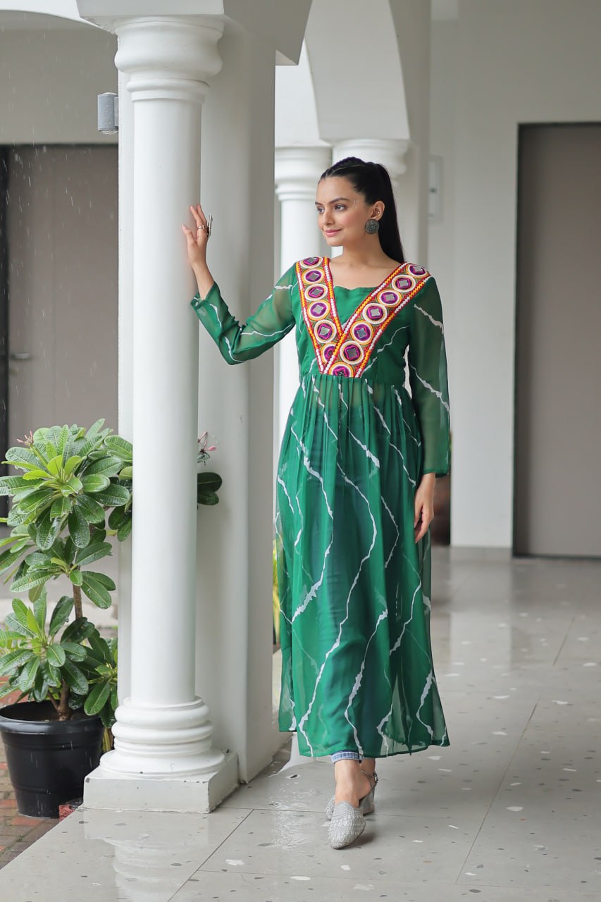Green Leheriya Print Work With Kutchi Patchework Navratri Kurti