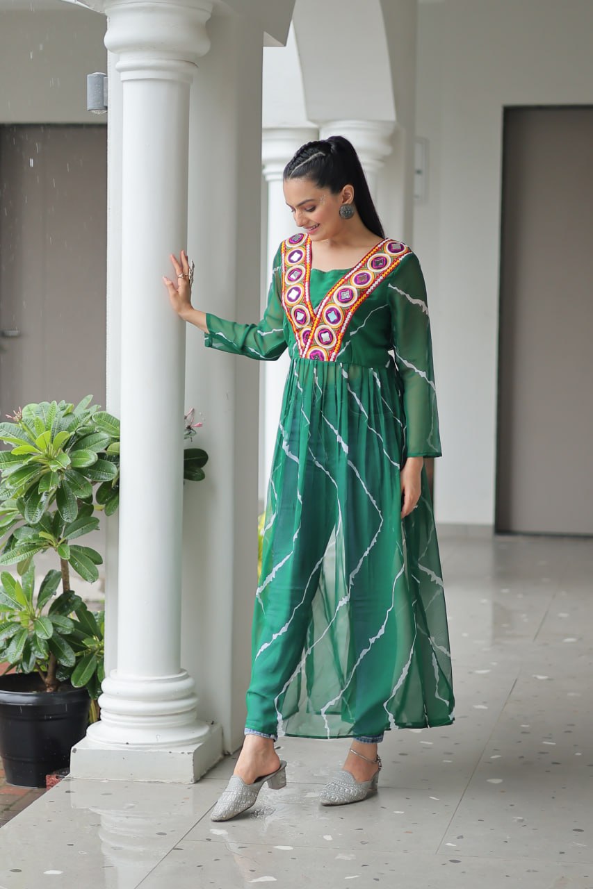 Green Leheriya Print Work With Kutchi Patchework Navratri Kurti