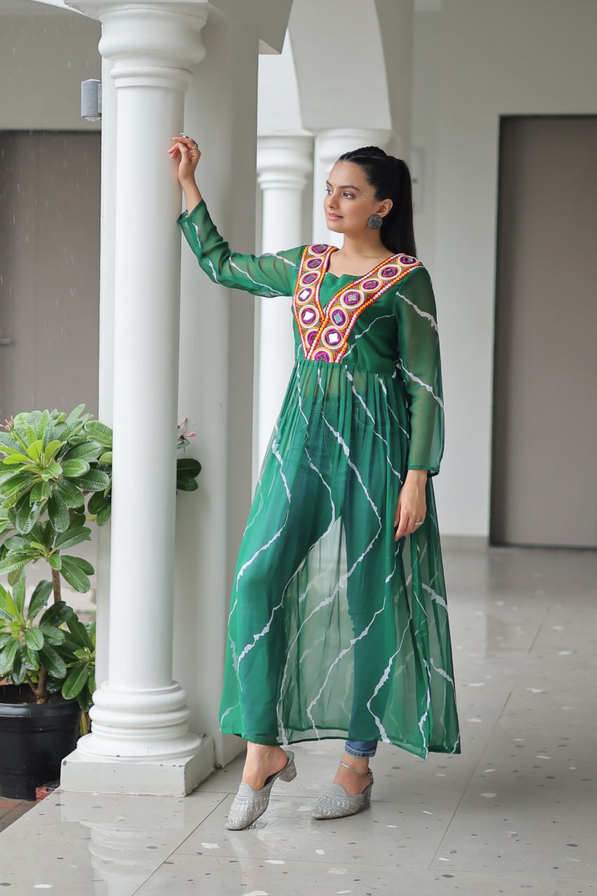 Green Leheriya Print Work With Kutchi Patchework Navratri Kurti