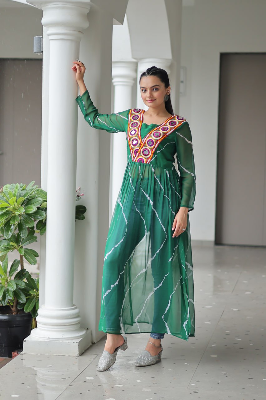 Green Leheriya Print Work With Kutchi Patchework Navratri Kurti