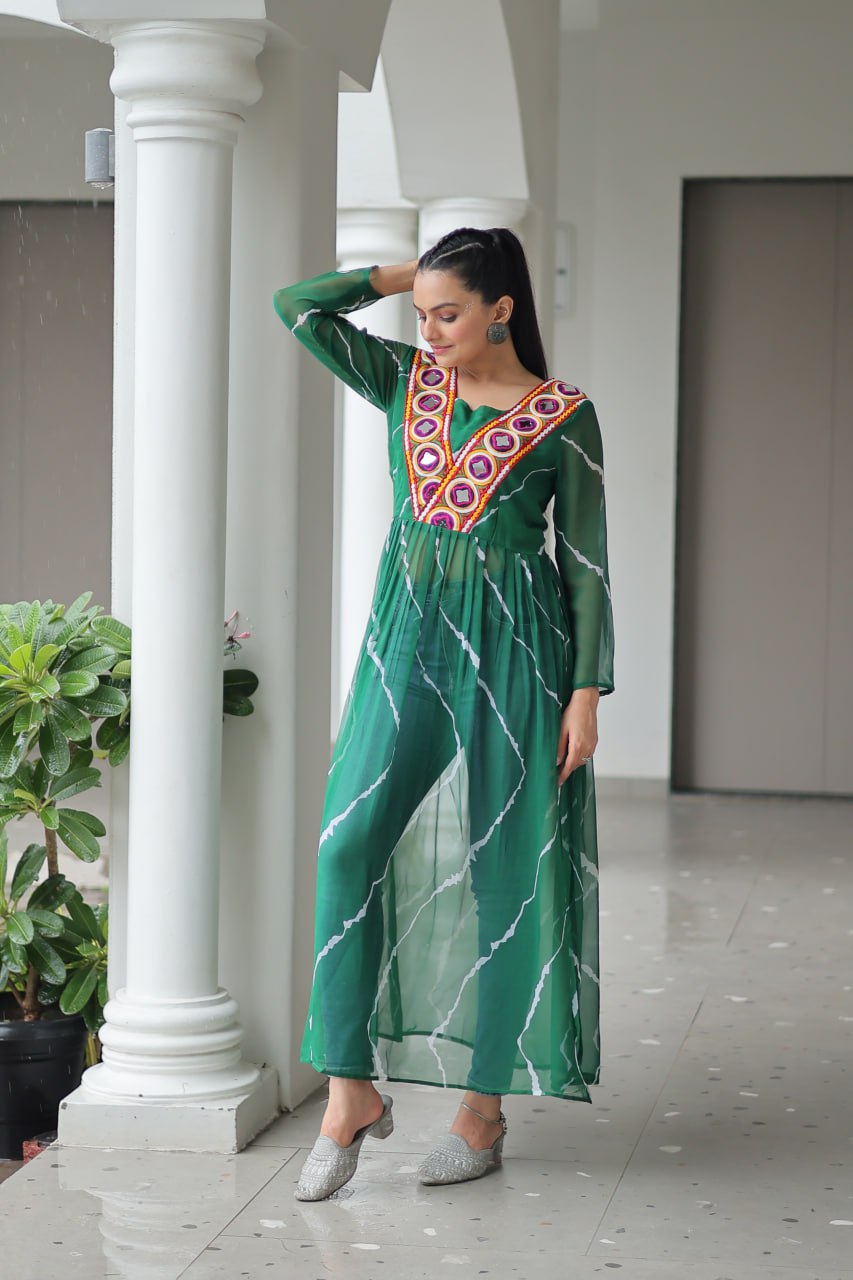 Green Leheriya Print Work With Kutchi Patchework Navratri Kurti