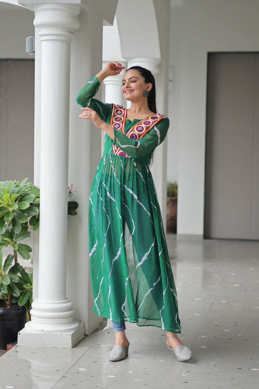 Green Leheriya Print Work With Kutchi Patchework Navratri Kurti