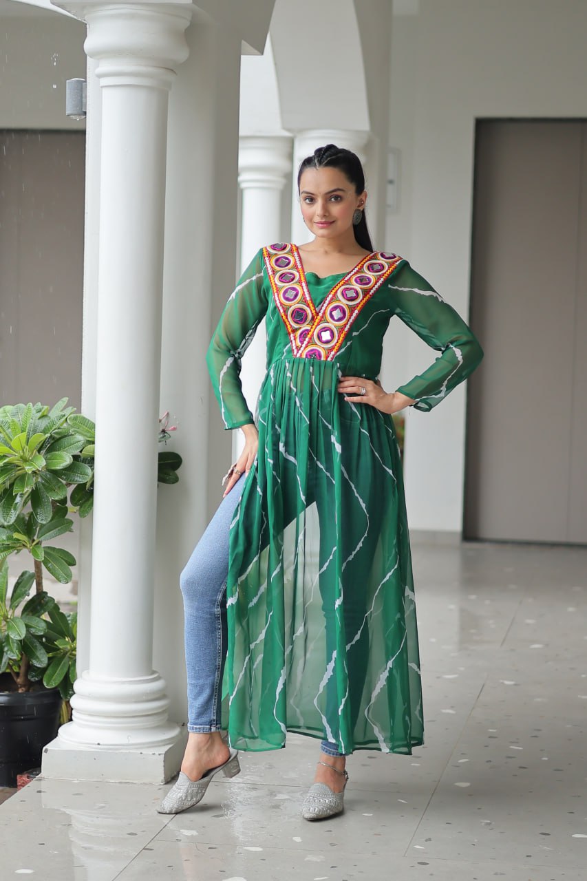 Green Leheriya Print Work With Kutchi Patchework Navratri Kurti