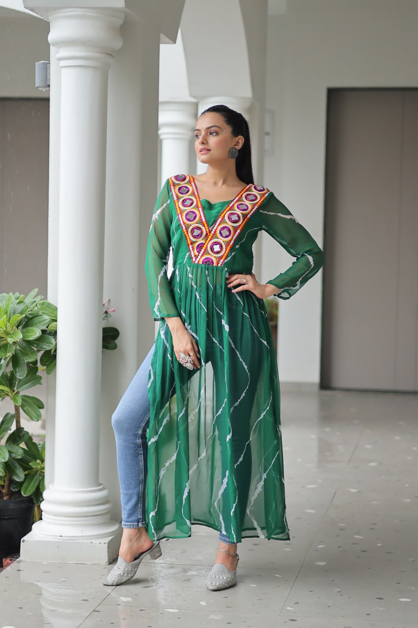 Green Leheriya Print Work With Kutchi Patchework Navratri Kurti